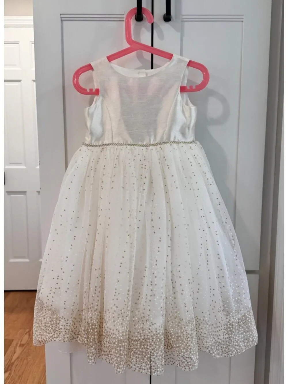 David’s Bridal Girls 4 Tulle Tea Length Gold Glitter Flower Girl Formal Dress - Picture 9 of 10